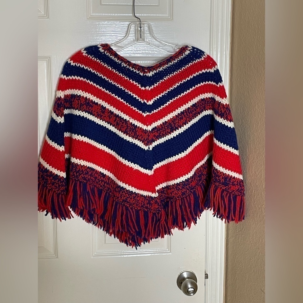 Handknitted Patchwork Wool Colorful Festival Boho Fringe Poncho Wrap - Picture 7 of 10